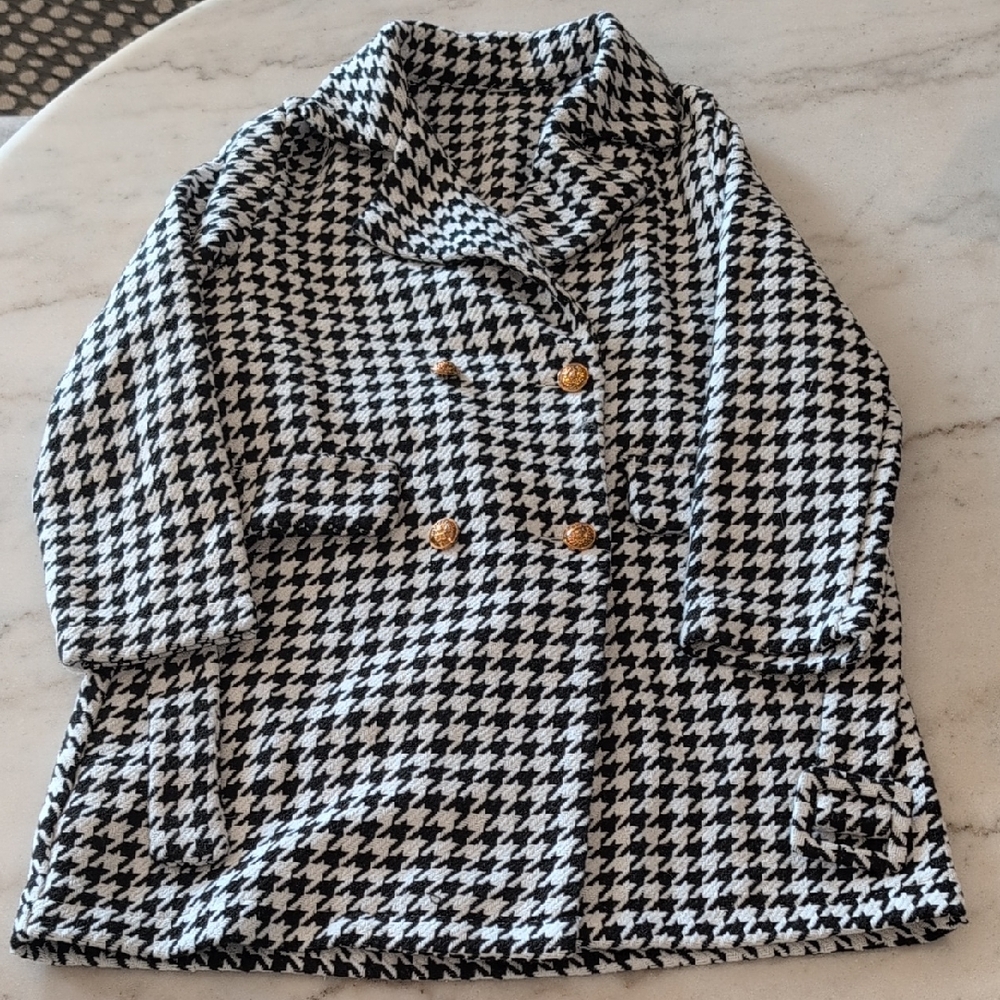 Girls Stylish Black and White Kids Houndstooth Coat Peacoat